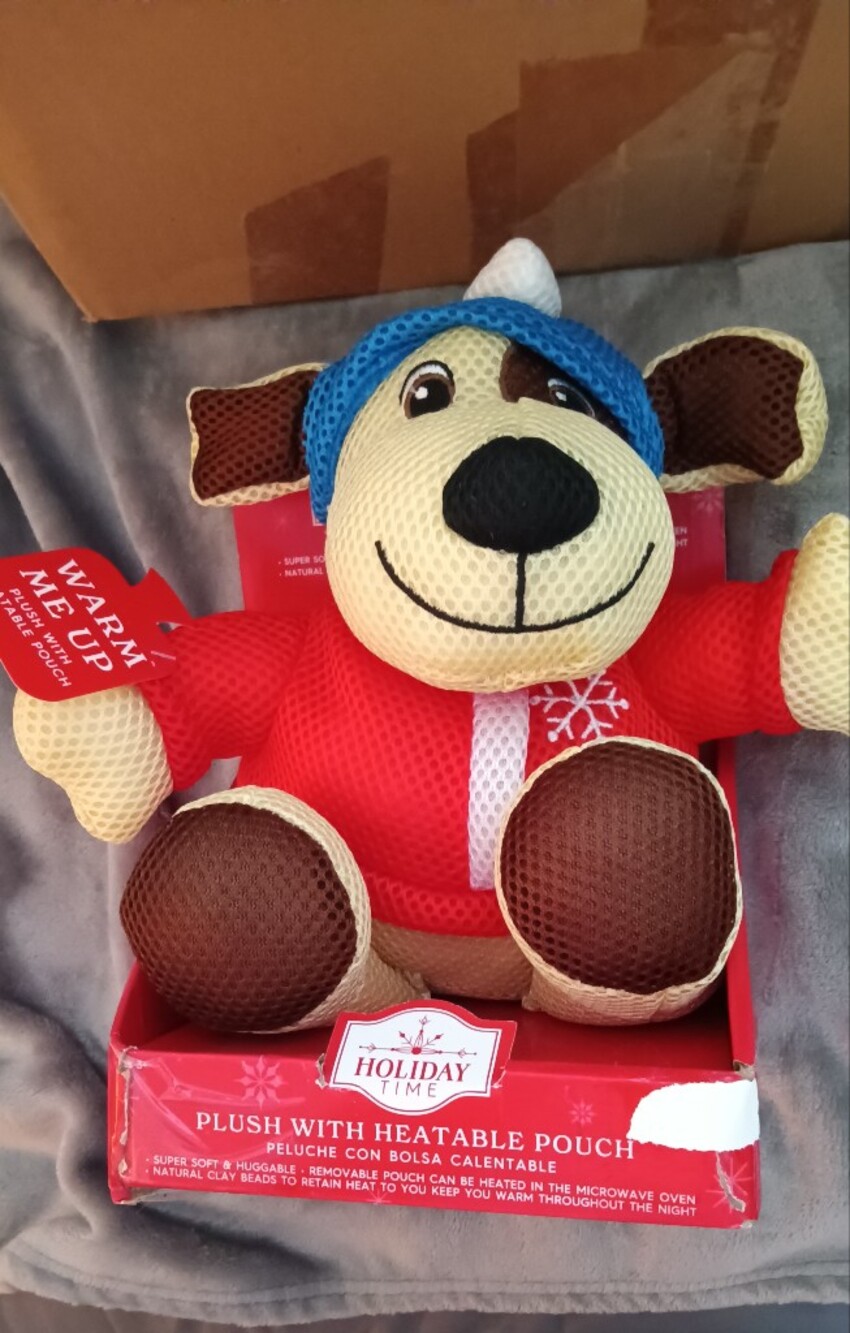 Holiday Time Red and Blue Plush Dog with Heatable Pouch